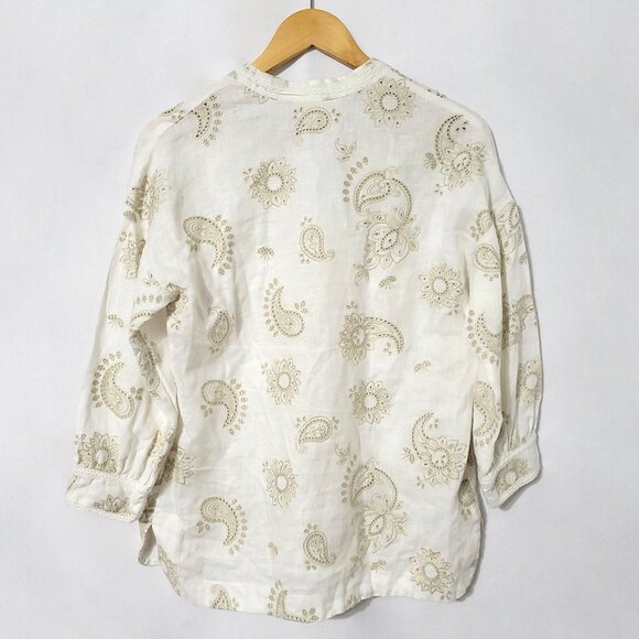 Johnny Was Womens Linen 3/4 Sleeve Skyler Top Size XS Cream Eyelet Popover Boho - Picture 5 of 11